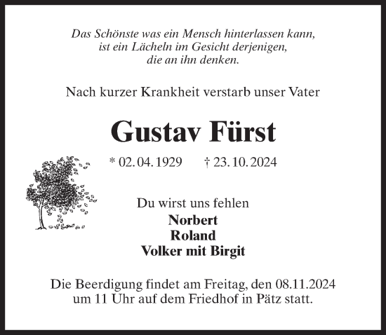 Traueranzeige von Gustav Fürst von Märkischen Allgemeine Zeitung