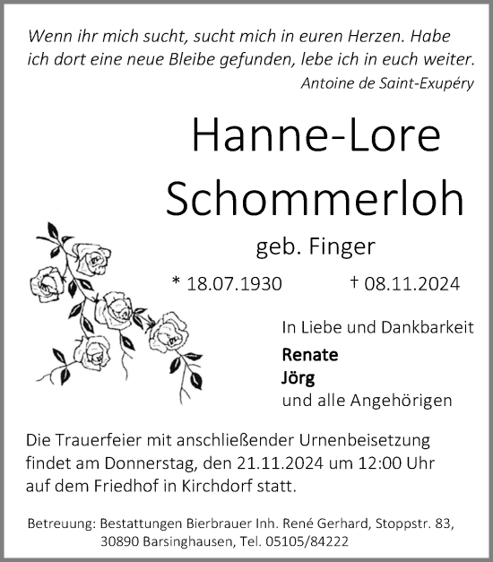 Traueranzeige von Hanne-Lore Schommerloh von Hannoversche Allgemeine Zeitung/Neue Presse