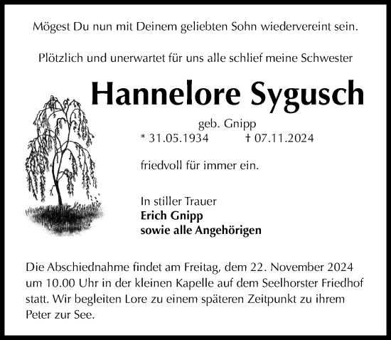 Traueranzeige von Hannelore Sygusch von Hannoversche Allgemeine Zeitung/Neue Presse