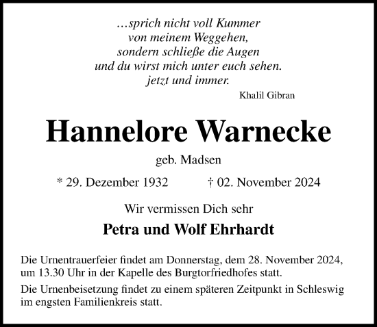 Traueranzeige von Hannelore Warnecke von Lübecker Nachrichten