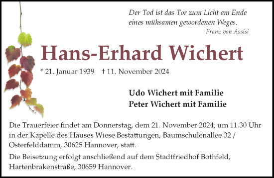 Traueranzeige von Hans-Erhard Wichert von Hannoversche Allgemeine Zeitung/Neue Presse