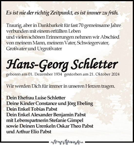 Traueranzeige von Hans-Georg Schletter von Leipziger Volkszeitung