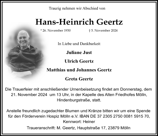 Traueranzeige von Hans-Heinrich Geertz von Lübecker Nachrichten