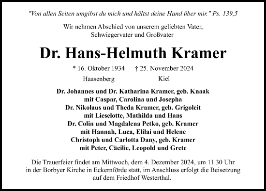 Traueranzeige von Hans-Helmuth Kramer von Kieler Nachrichten