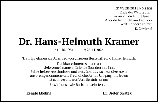 Traueranzeige von Hans-Helmuth Kramer von Kieler Nachrichten