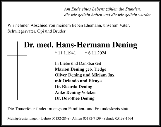 Traueranzeige von Hans-Hermann Dening von Hannoversche Allgemeine Zeitung/Neue Presse