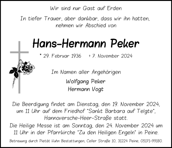 Traueranzeige von Hans-Hermann Peker von Peiner Allgemeine Zeitung