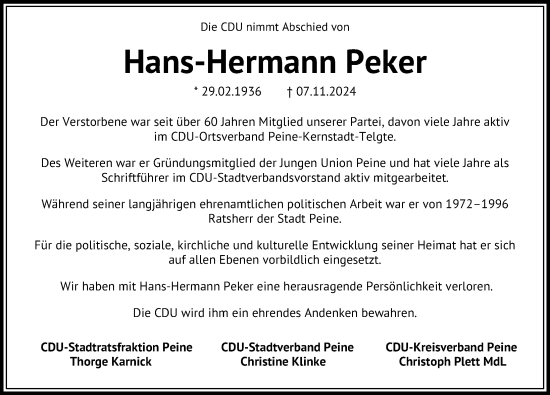 Traueranzeige von Hans-Hermann Peker von Peiner Allgemeine Zeitung