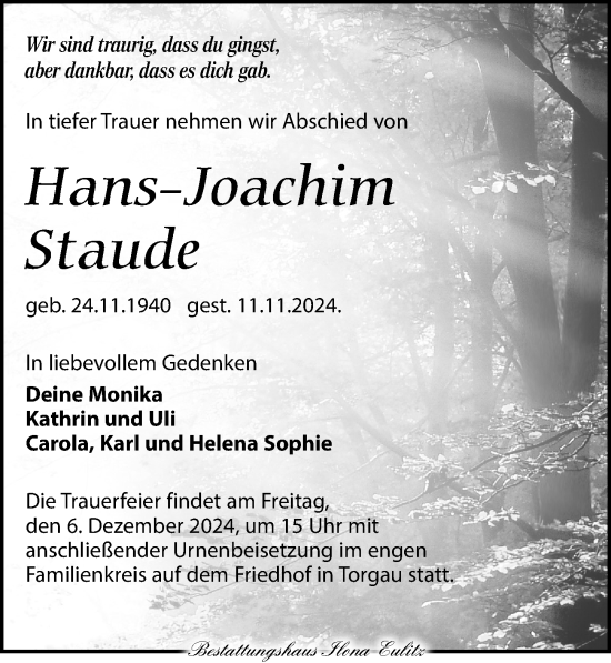 Traueranzeige von Hans-Joachim Staude von Torgauer Zeitung