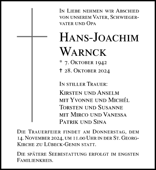 Traueranzeige von Hans-Joachim Warnck von Lübecker Nachrichten