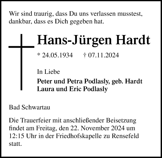 Traueranzeige von Hans-Jürgen Hardt von Lübecker Nachrichten