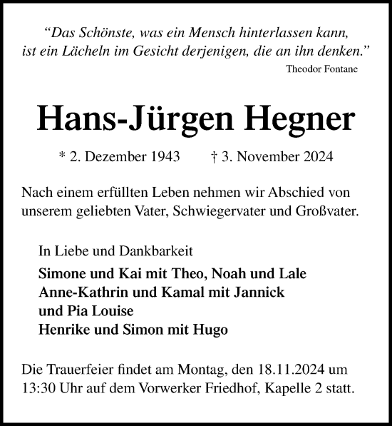 Traueranzeige von Hans-Jürgen Hegner von Lübecker Nachrichten