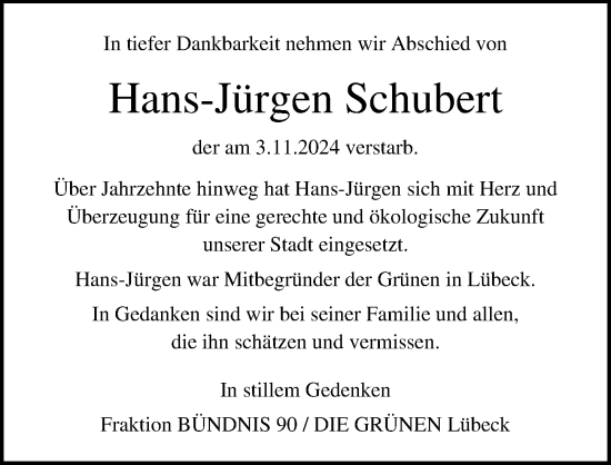 Traueranzeige von Hans-Jürgen Schubert von Lübecker Nachrichten