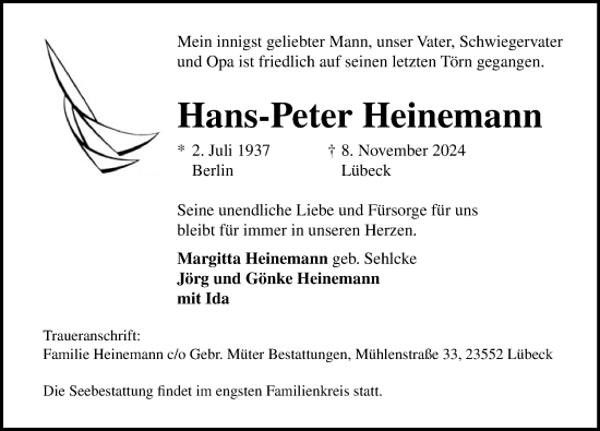 Traueranzeige von Hans-Peter Heinemann von Lübecker Nachrichten