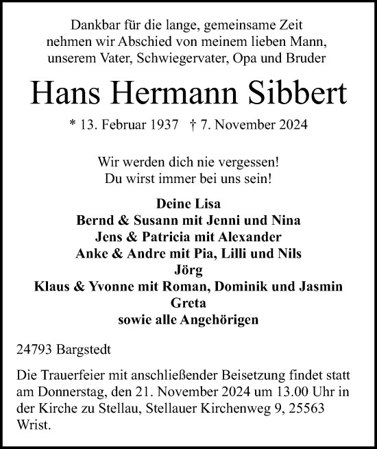 Traueranzeige von Hans Hermann Sibbert von Kieler Nachrichten