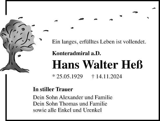 Traueranzeige von Hans Walter Heß von Ostsee-Zeitung GmbH