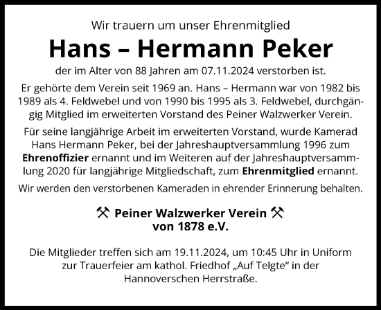 Traueranzeige von Hans–Hermann Peker von Peiner Allgemeine Zeitung