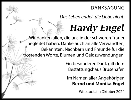 Traueranzeige von Hardy Engel von Wochenspiegel