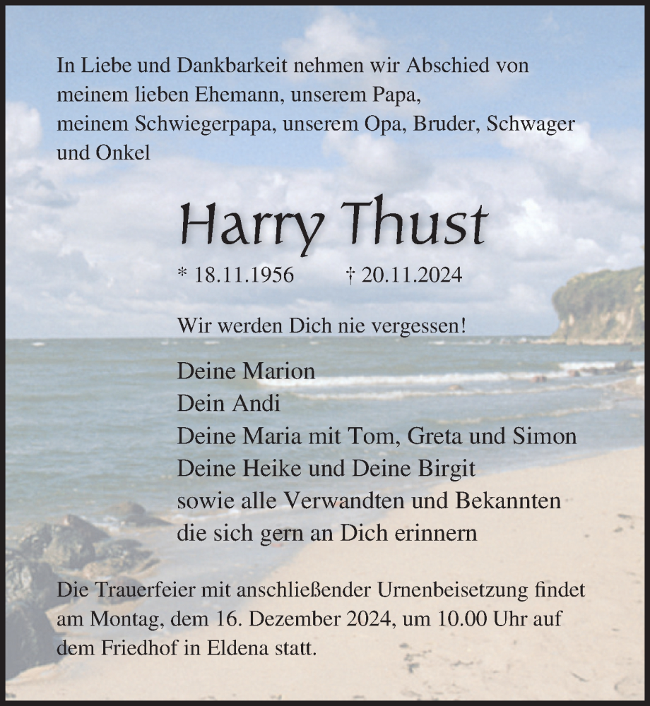  Traueranzeige für Harry Thust vom 30.11.2024 aus Ostsee-Zeitung GmbH