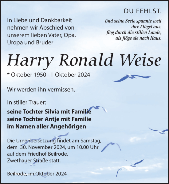 Traueranzeige von Harry Ronald Weise von Torgauer Zeitung