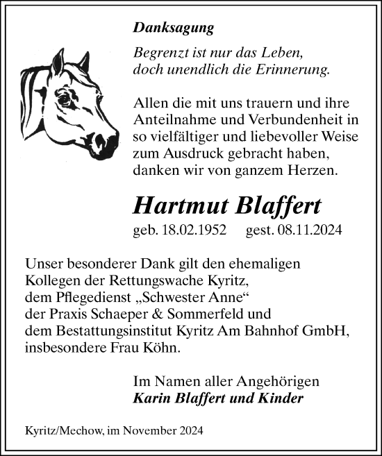 Traueranzeige von Hartmut Blaffert von Wochenspiegel