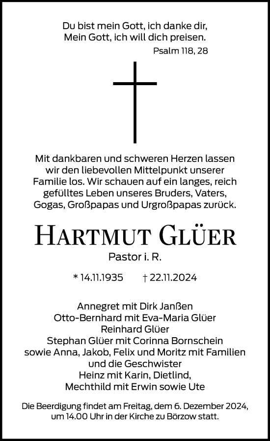 Traueranzeige von Hartmut Glüer von Ostsee-Zeitung GmbH