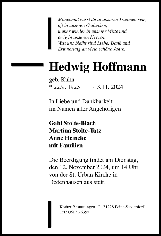 Traueranzeige von Hedwig Hoffmann von Peiner Allgemeine Zeitung