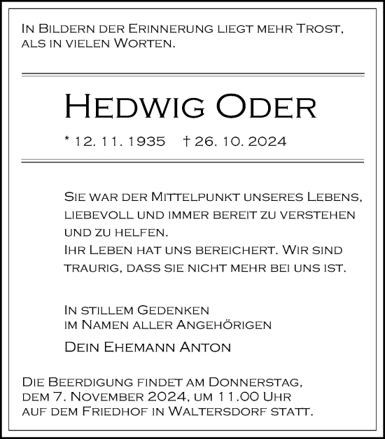 Traueranzeige von Hedwig Oder von Märkischen Allgemeine Zeitung