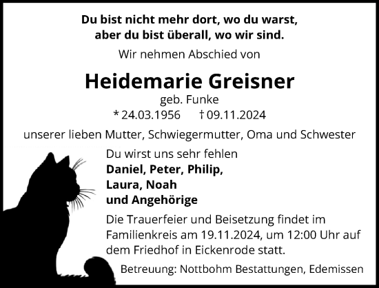 Traueranzeige von Heidemarie Greisner von Peiner Allgemeine Zeitung