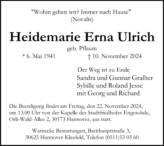 Traueranzeige von Heidemarie Erna Ulrich von Hannoversche Allgemeine Zeitung/Neue Presse