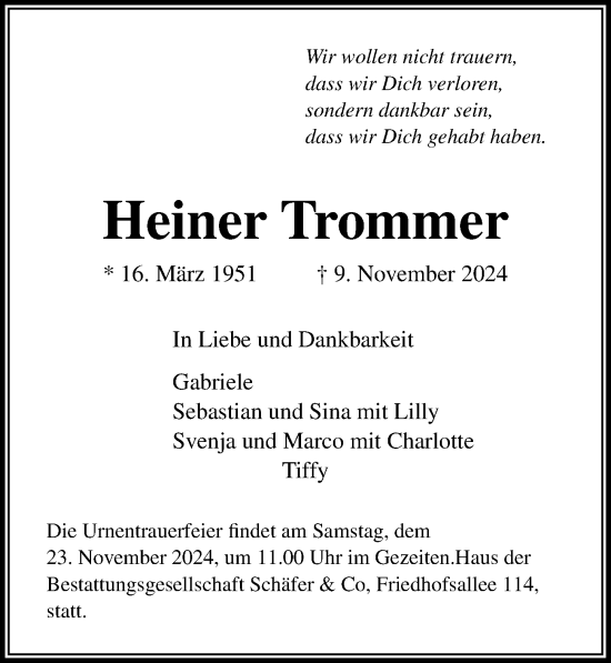 Traueranzeige von Heiner Trommer von Lübecker Nachrichten