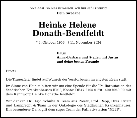 Traueranzeige von Heinke Helene Donath-Bendfeldt von Kieler Nachrichten