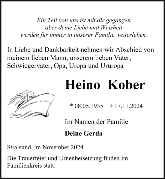 Traueranzeige von Heino Kober von Ostsee-Zeitung GmbH