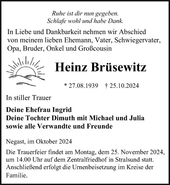 Traueranzeige von Heinz Brüsewitz von Ostsee-Zeitung GmbH