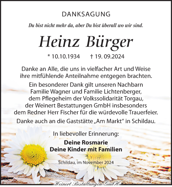 Traueranzeige von Heinz Bürger von Torgauer Zeitung