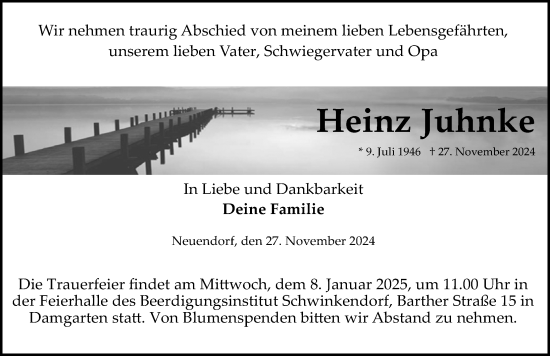 Traueranzeige von Heinz Juhnke von Ostsee-Zeitung GmbH