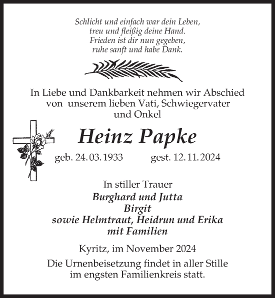 Traueranzeige von Heinz Papke von Wochenspiegel