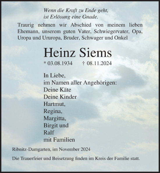 Traueranzeige von Heinz Siems von Ostsee-Zeitung GmbH