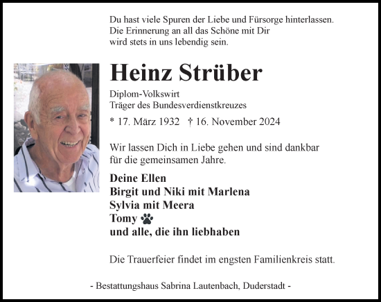 Traueranzeige von Heinz Strüber von Eichsfelder Tageblatt