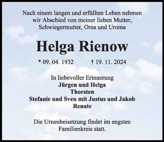 Traueranzeige von Helga Rienow von Kieler Nachrichten