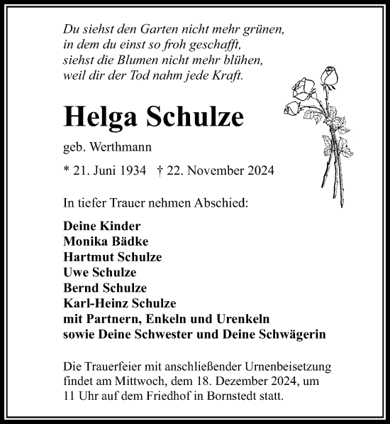 Traueranzeige von Helga Schulze von Märkischen Allgemeine Zeitung