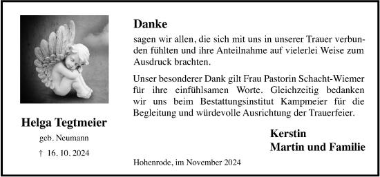 Traueranzeige von Helga Tegtmeier von Schaumburger Nachrichten und Schaumburger Zeitung/ Landes-Zeitung