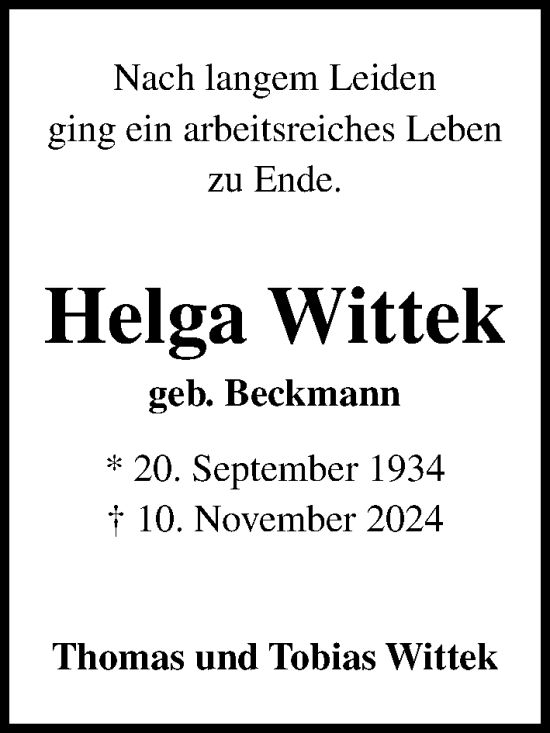 Traueranzeige von Helga Wittek von Lübecker Nachrichten