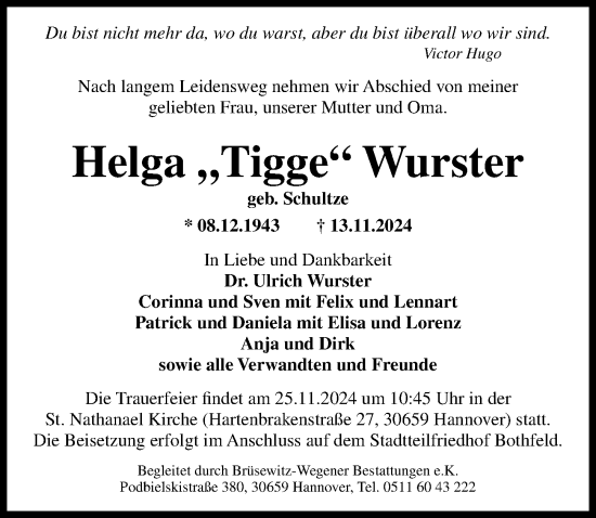 Traueranzeige von Helga Wurster von Hannoversche Allgemeine Zeitung/Neue Presse