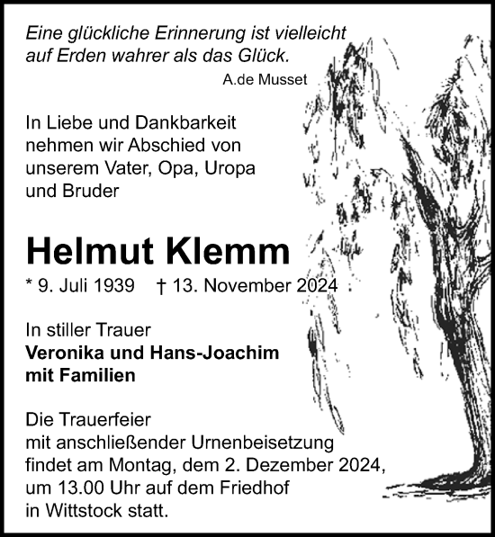 Traueranzeige von Helmut Klemm von Wochenspiegel