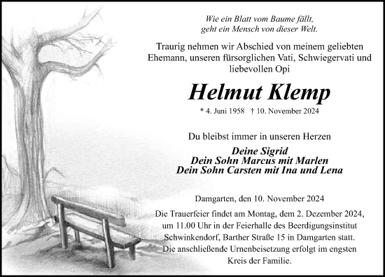 Traueranzeige von Helmut Klemp von Ostsee-Zeitung GmbH