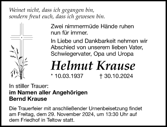 Traueranzeige von Helmut Krause von Märkischen Allgemeine Zeitung