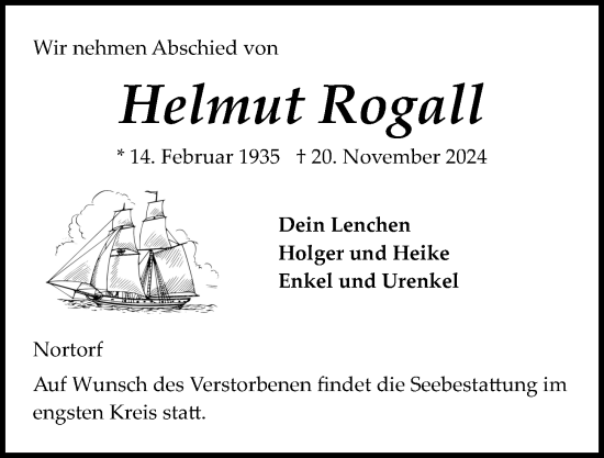 Traueranzeige von Helmut Rogall von Kieler Nachrichten