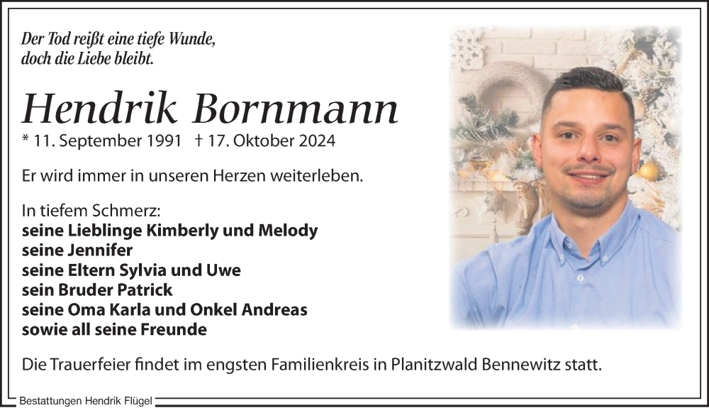  Traueranzeige für Hendrik Bornmann vom 09.11.2024 aus Leipziger Volkszeitung