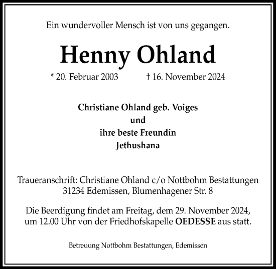 Traueranzeige von Henny Ohland von Peiner Allgemeine Zeitung